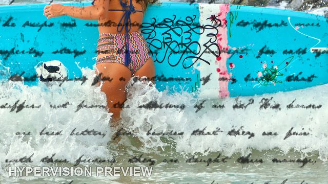 Abstract of Decorated Surfboard in Breaking Shore Water — Handwriting Overlay Abstract