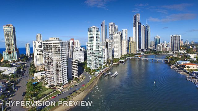 Broad Gold Coast River Bend and High-Rise Skyline