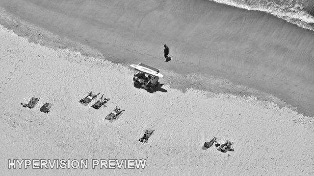 Monochrome Beach Cart and Sunbathers from Above