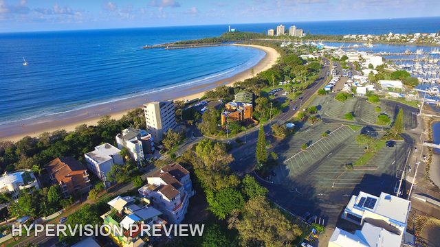 Mooloolaba Beach Curve and Riverfront Buildings from Above