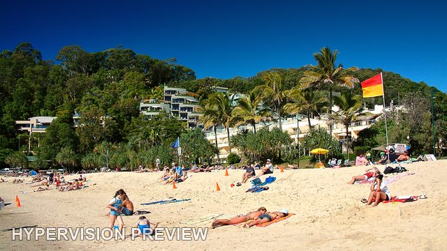 Busy Beach Below a Green Hillside