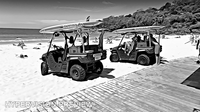 Lifeguard Buggies and Rescue Boards on the Beach — Black and White
