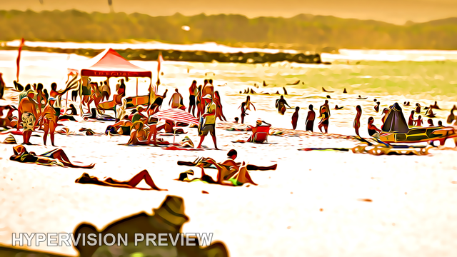 Beach Crowd Around a Red Shelter — Warm Edit, Selective Focus Edit, Stylised Edit