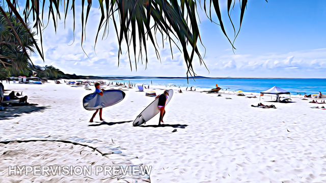 Surfers Carrying Boards Across the Sand — Stylised Edit