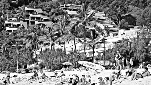 Beachgoers Below Palms and Hillside Apartments — Black and White