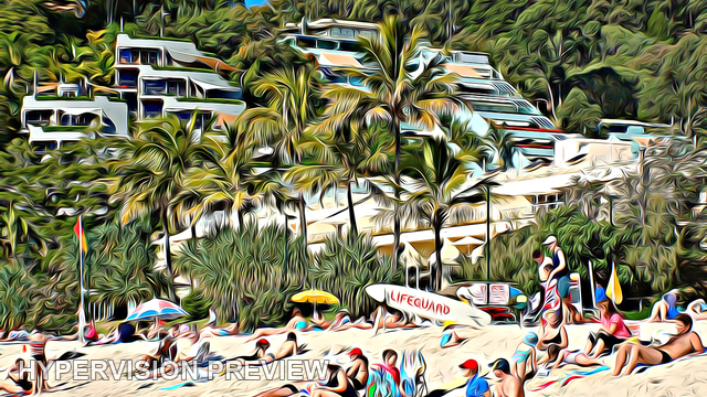 Beachgoers Below Palms and Hillside Apartments — Stylised Edit