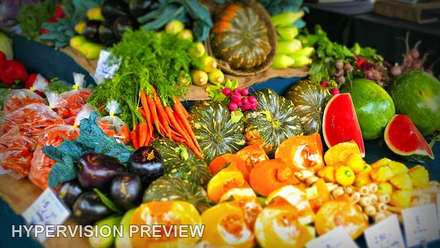 Mixed Fruit and Vegetables in a Colourful Market Display