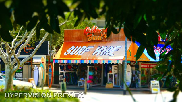 Surf Hire Shop Framed by Green Leaves