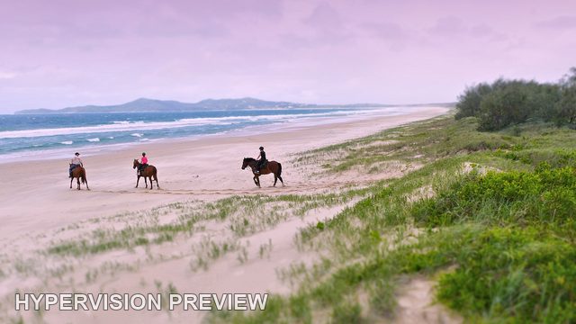 Three Horse Riders Beside the Surf and Dunes