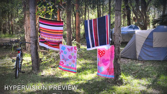 Colourful Towels Drying Beside a Woodland Campsite