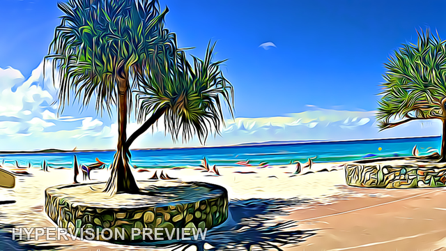 Wide Beachfront Promenade and Pandanus Trees — Stylised Edit