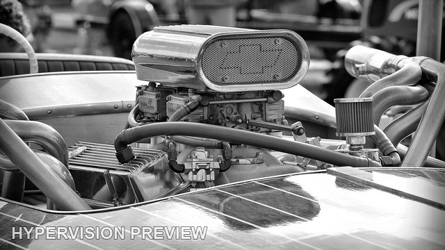 Polished Engine in a Timber Powerboat - Black and White