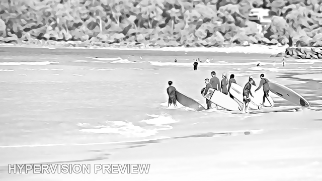 Group Carrying Surfboards into the Shallows — Black and White