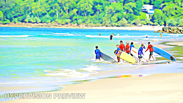 Group Carrying Surfboards into the Shallows — Stylised Edit