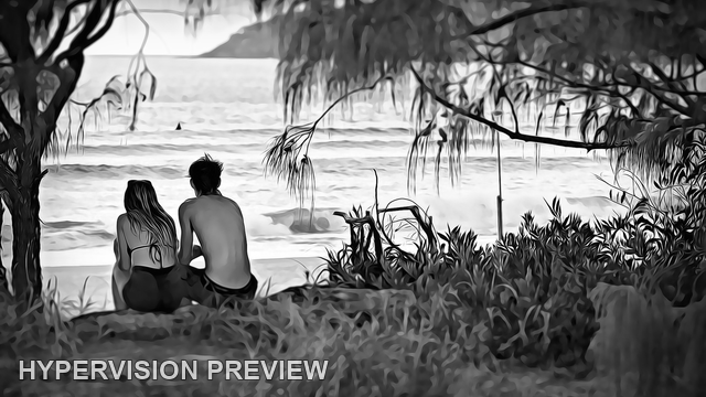 Two Beachgoers Resting in Coastal Shade — Black and White