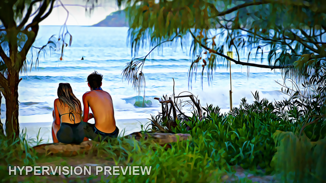 Two Beachgoers Resting in Coastal Shade — Stylised Edit